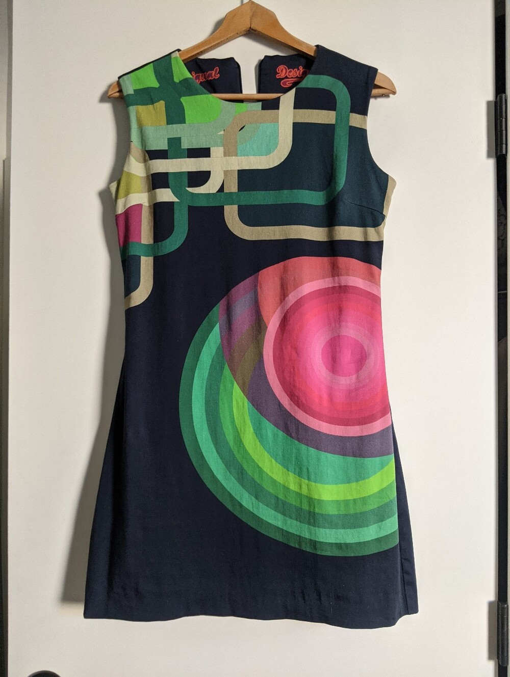 DESIQUAL Navy Shift Dress with Pink and Green Circular Print